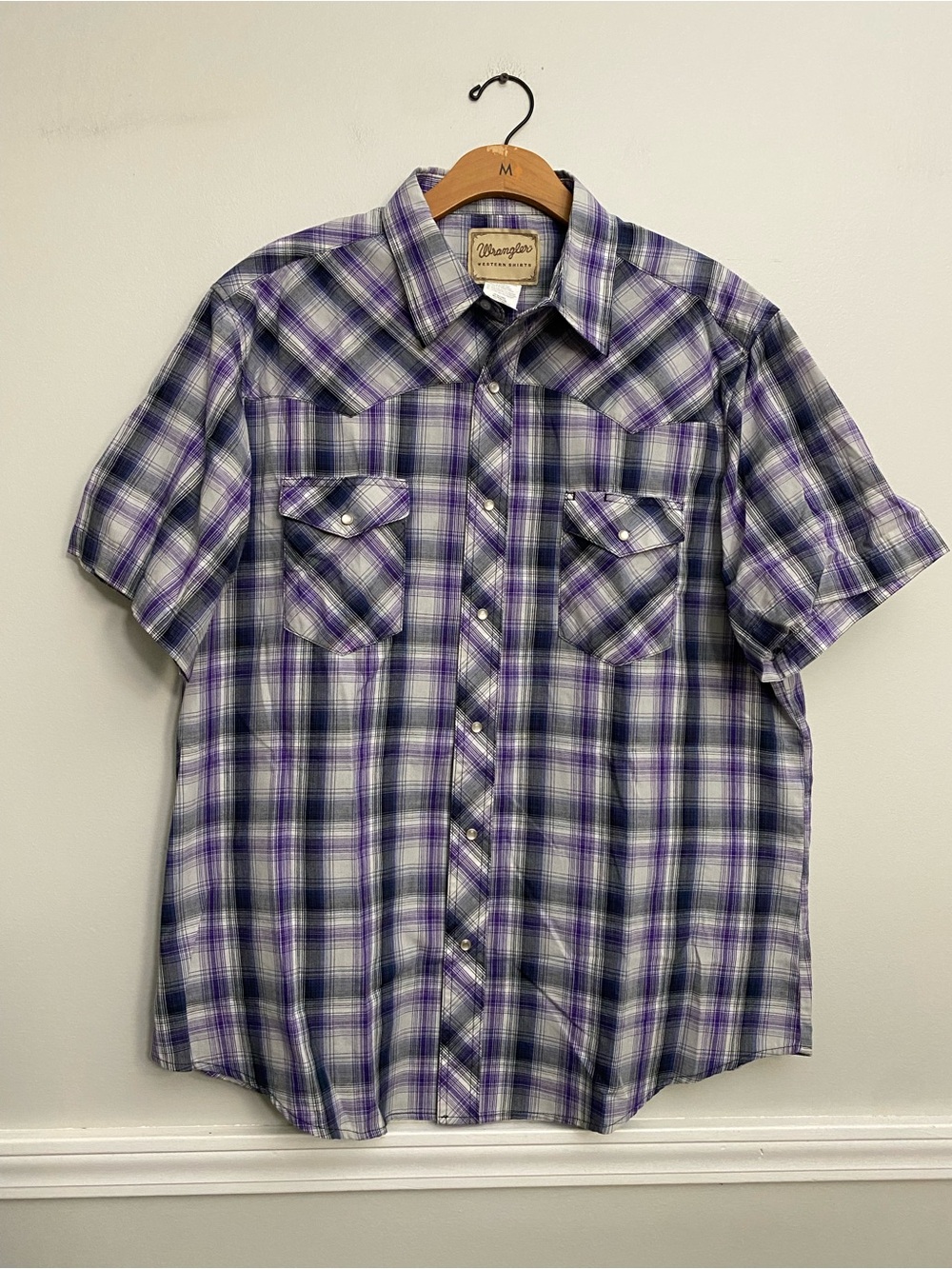 Men’s Wrangler Western Pearl Snap Purple Short Sleeve - XL